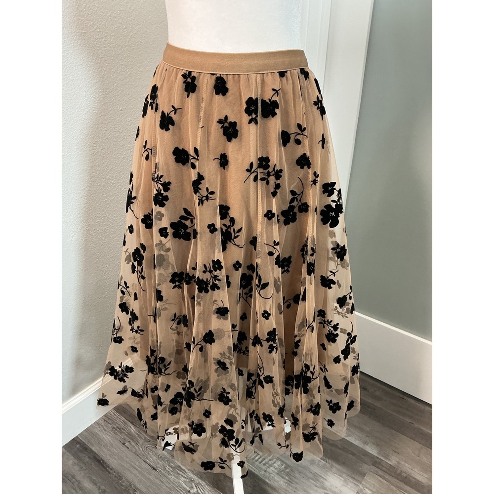 Chicwish 3D Posy Double-Layered Mesh Midi Skirt Caramel Black Floral Size XXS/XS